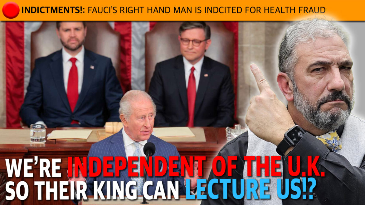 Collage: orange banner reads 'INDICTMENTS!: FAUCI'S RIGHT HAND MAN IS INDICTED FOR HEALTH FRAUD'. In the photo, Biden sits at a desk with two suited men behind him, while a bearded man on the right points toward the camera; large red/blue caption text questions independence and monarchy.