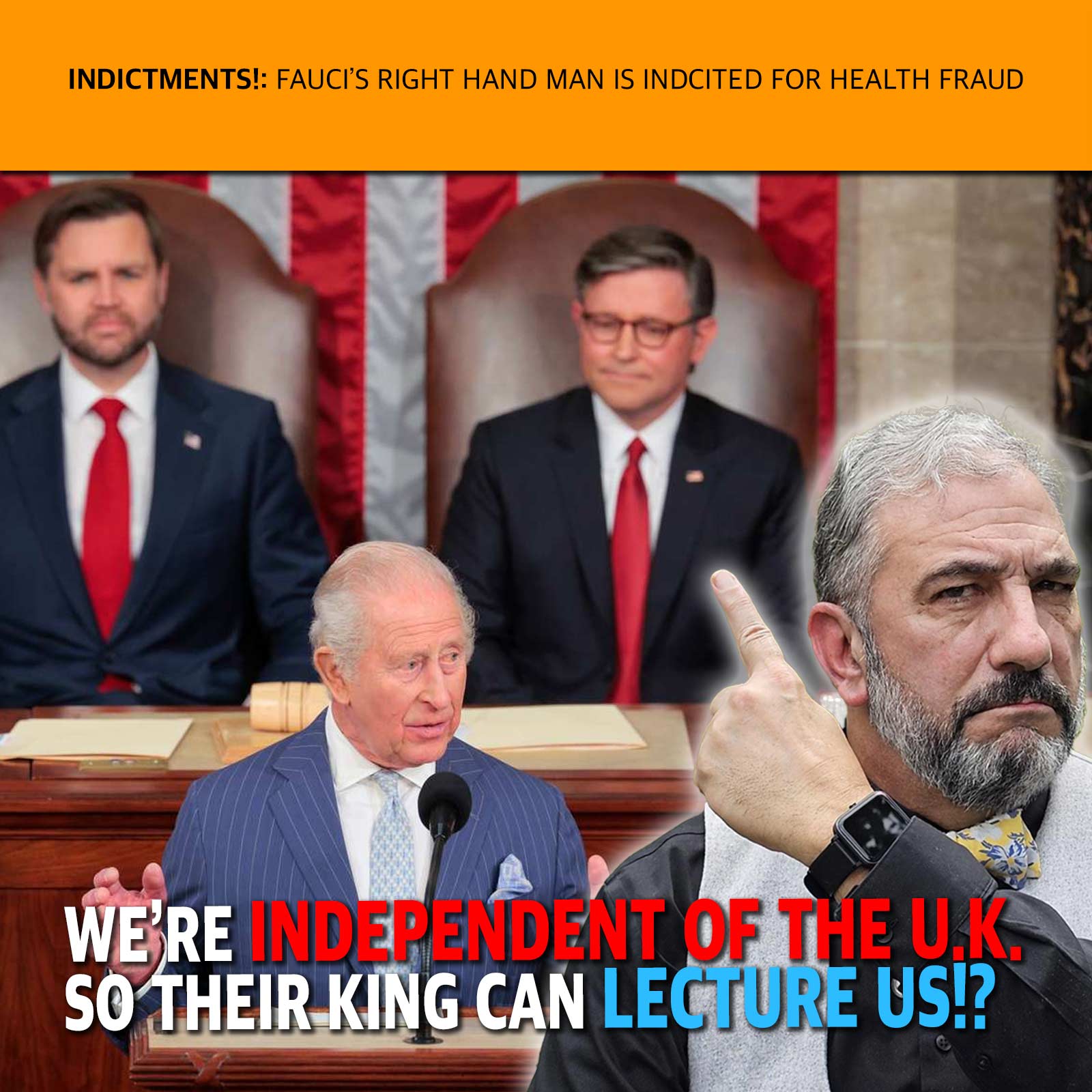 Montage of several politicians in a hearing room, with an orange banner reading 'INDICTMENTS!' and bold caption about independence from the U.K.