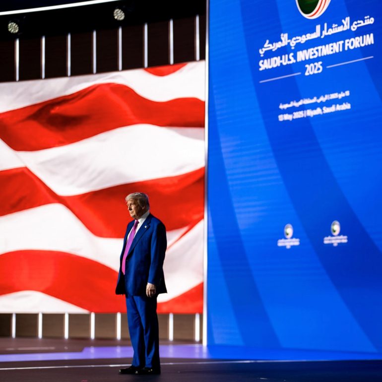 President Trump prepares to present his speech in Riyadh, the Saudi Arabian capitol.