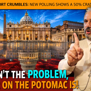 Thumbnail political meme: orange banner headline about 'Israel support crumbles' with a man in a beige suit holding a Bible, pointing, against a Rome/Vatican backdrop including St. Peter's Basilica and an obelisk, and a bold caption at bottom comparing Mordor on the Potomac.