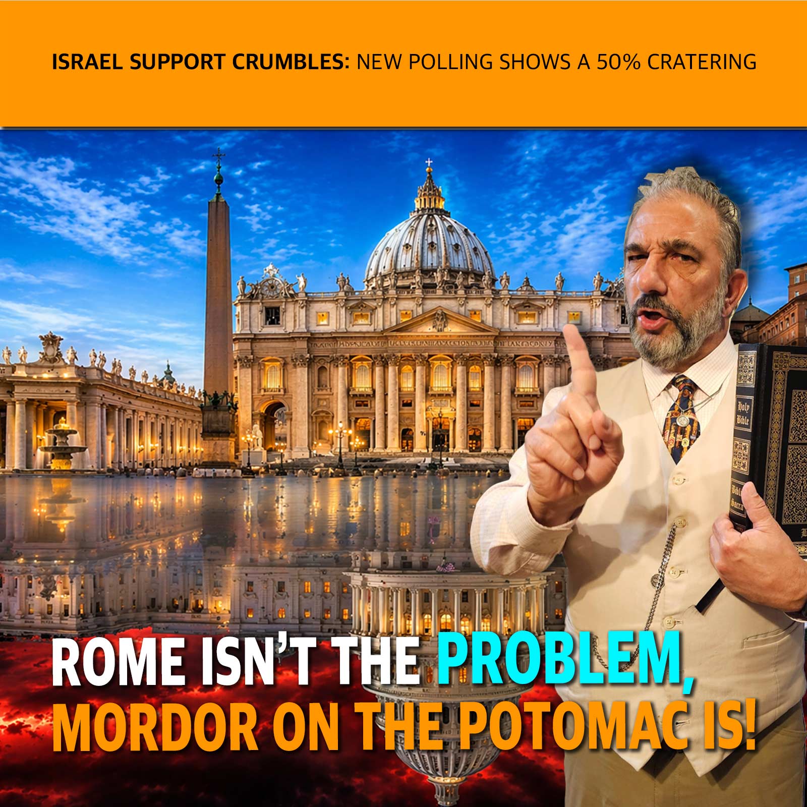 Meme-style image of a man in a beige suit pointing and holding a Bible in front of St. Peter’s Basilica, with a bold caption: 'Rome isn’t the problem, Mordor on the Potomac is!'