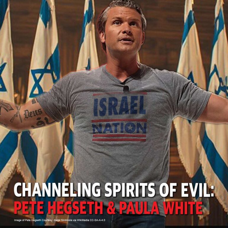 Man with arms outstretched wearing a gray 'ISRAEL NATION' shirt, standing in front of Israeli flags, in front of a bold article headline about 'Channeling Spirits of Evil'.
