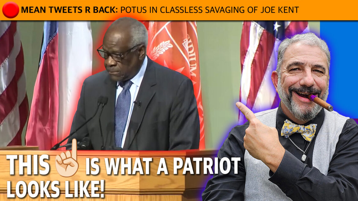 Two men at a political stage: one at a podium with flags behind, an orange headline bar above; a smiling man with a cigar stands to the right.
