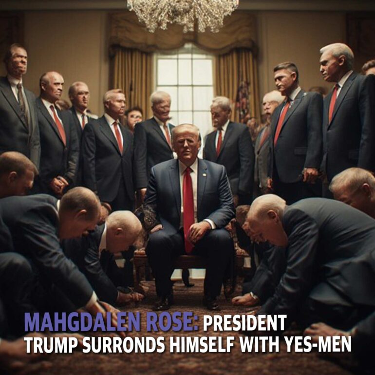 Trump sits center in a chair, surrounded by men in dark suits in a formal room with a chandelier above.
