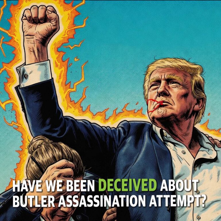 Pop-art style illustration of a blond-haired man with a raised fist surrounded by flames, crowding a burning backdrop, while another man hides