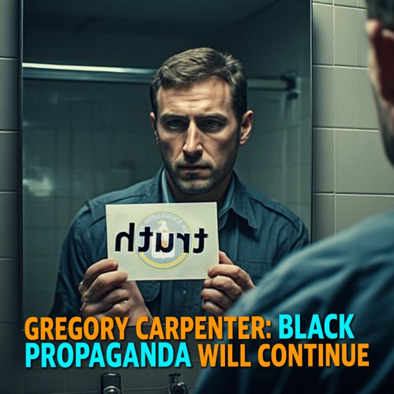 Mugshot of a man holding a sign, facing a mirror in a jail cell; overlayed magazine headline in orange and cyan reads “GREGORY CARPENTER: BLACK PROPAGANDA WILL CONTINUE.”