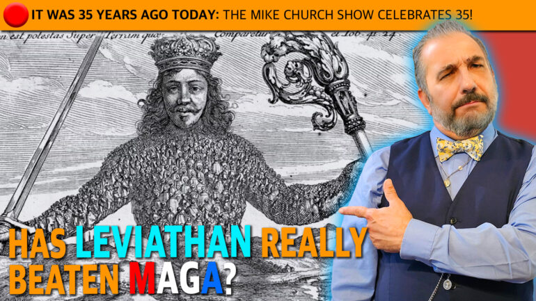 Video thumbnail: historic Leviathan engraving on the left and a man in a vest on the right, with bold colorful title asking if Leviathan has been beaten.
