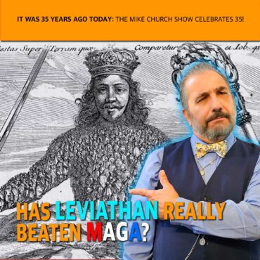 Orange banner announces: 'It was 35 years ago today: The Mike Church Show celebrates 35!' with a man in a vest and bow tie gesturing in front of a historic engraving of a king and crowd, suggesting a show thumbnail about anniversary commentary and history.