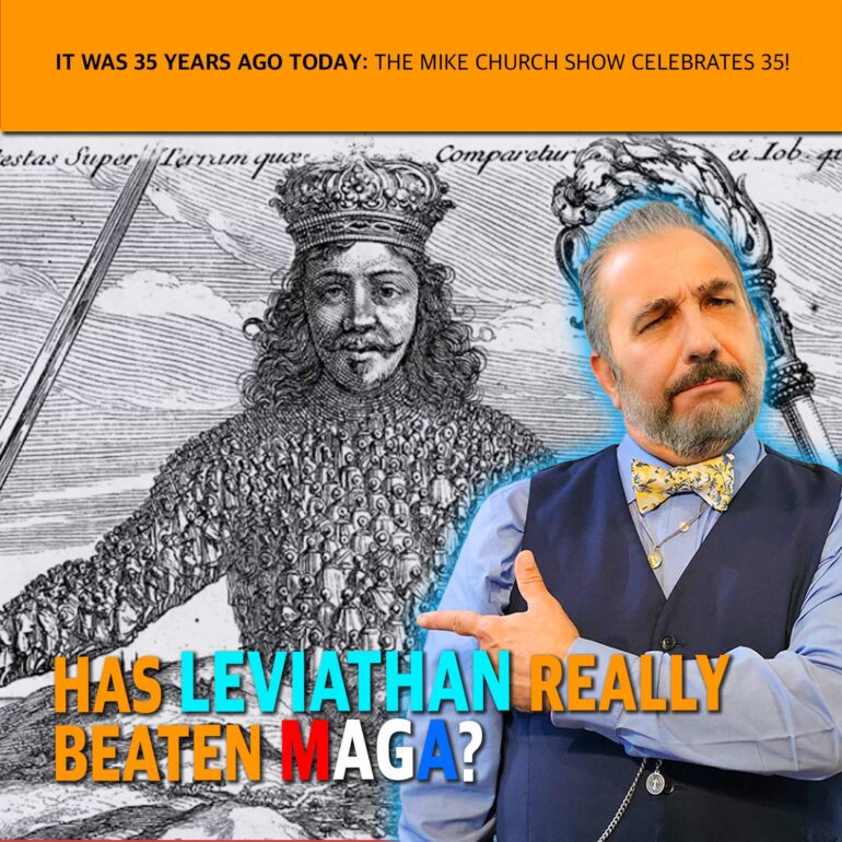 Orange banner announces: 'It was 35 years ago today: The Mike Church Show celebrates 35!' with a man in a vest and bow tie gesturing in front of a historic engraving of a king and crowd, suggesting a show thumbnail about anniversary commentary and history.