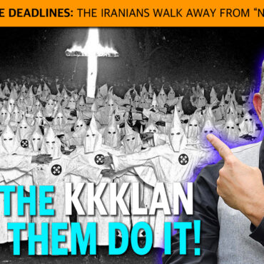 Satirical political meme showing a crowd in Ku Klux Klan robes behind a smiling man with a cigar; bold orange banner and large multicolored headline