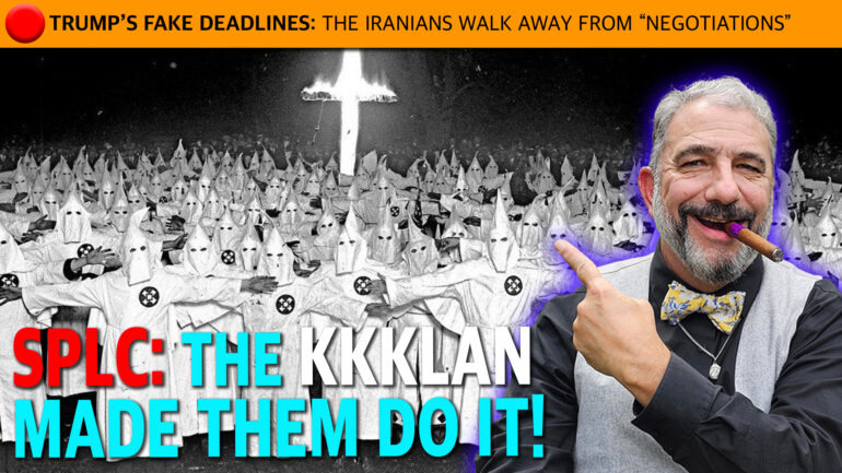 Satirical political meme showing a crowd in Ku Klux Klan robes behind a smiling man with a cigar; bold orange banner and large multicolored headline