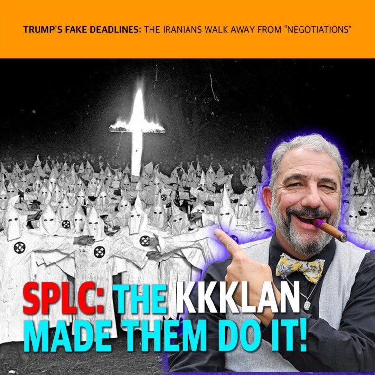 Political poster collage accusing Trump of ‘fake deadlines,’ with a sea of Ku Klux Klan hoods, a man with a purple glow and a cigar, and bold colored slogans at the bottom.
