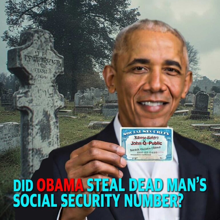 Man in a suit holds a fake Social Security card in front of a gravesite, with a bold headline claiming Obama stole a dead man's Social Security number.