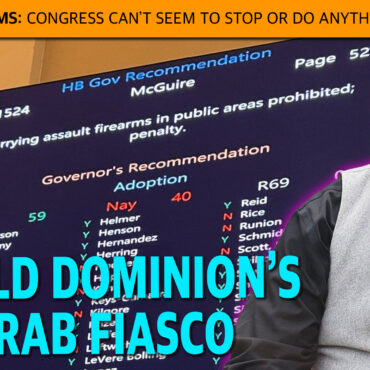 Satirical thumbnail: a bearded man in a gray vest and bow tie reacting to a large screen showing a gun-control bill vote (HB 1524) with an orange header above.