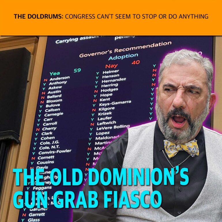 Bearded man in a vest on the right of a dark blue display board with a list of names and vote marks, under an orange banner that reads 'THE OLD DOMINION'S GUN GRAB FIASCO'