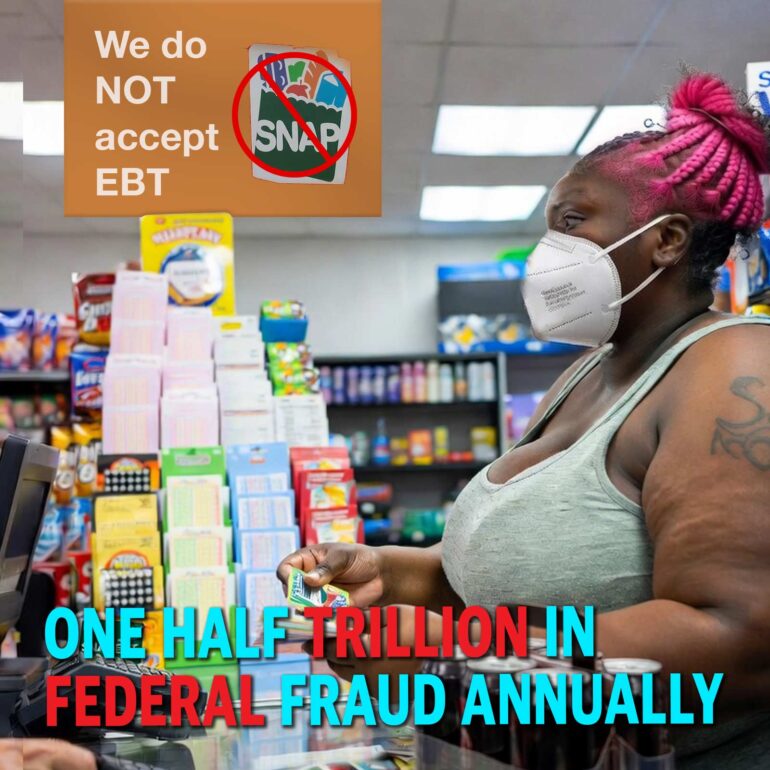 Woman in a store checkout area wearing a protective mask; an orange sign reads 'We do NOT accept EBT' near the top.