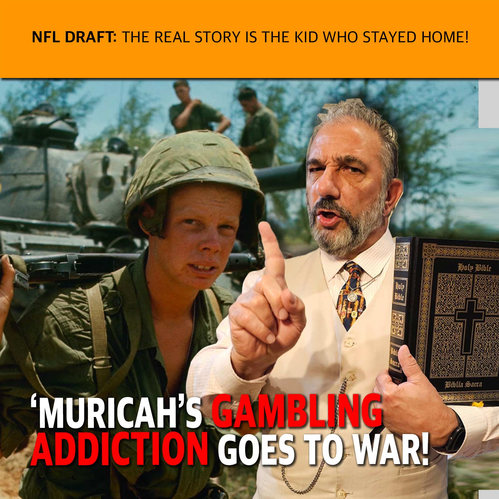 Satirical magazine cover featuring a soldier beside a bearded man in a suit holding a Bible, overlaid with bold, red-and-white headline text.”