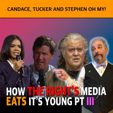 Collage of four conservative commentators speaking into microphones with a bright orange banner at top reading 'CANDACE, TUCKER AND STEPHEN OH MY!'; large bold subtitle text at bottom referencing 'THE RIGHT'S MEDIA'.