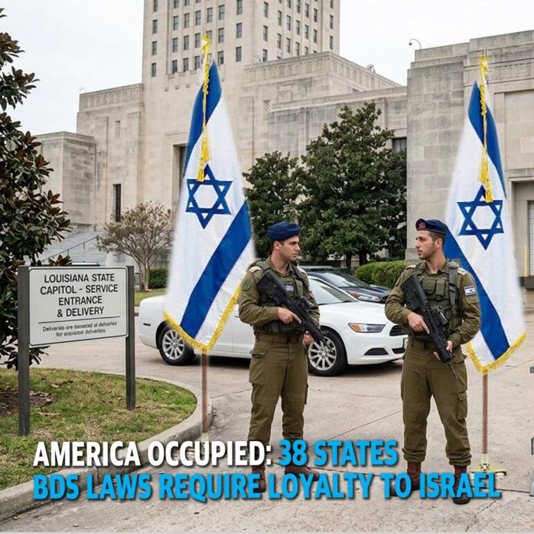 Two armed soldiers in uniform stand guard outside a government building with large upright flags featuring a blue Star of David, near a Louisiana State Capitol service entrance sign and a white car in the background.
