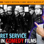 Thumbnail showing a black-and-white group of vintage uniformed guards on the left and a smiling man with a cigar on the right, with bold orange banner and text about assassinations and comedy films.