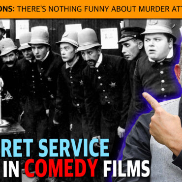 Thumbnail showing a black-and-white group of vintage uniformed guards on the left and a smiling man with a cigar on the right, with bold orange banner and text about assassinations and comedy films.