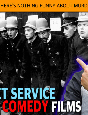 Thumbnail showing a black-and-white group of vintage uniformed guards on the left and a smiling man with a cigar on the right, with bold orange banner and text about assassinations and comedy films.