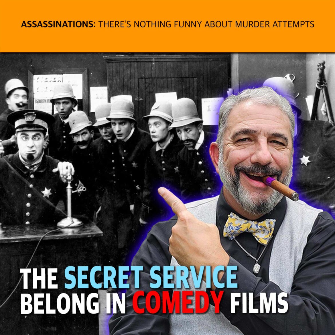 Poster for a comedy about assassinations, showing a smiling man with a cigar in the foreground and a line of vintage-clad officials in the background, with orange banner text at top and bold title at bottom.