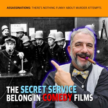 Poster for a comedy about assassinations, showing a smiling man with a cigar in the foreground and a line of vintage-clad officials in the background, with orange banner text at top and bold title at bottom.