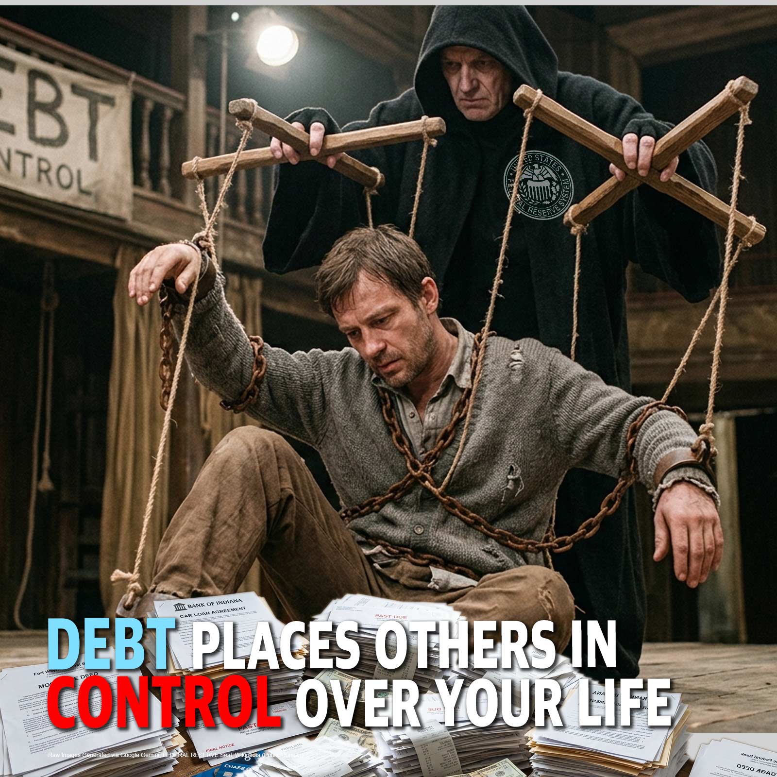 A hooded figure in dark robes stands over a bound man tied with ropes, with stacks of debt notices and papers scattered on the floor, suggesting debt control.
