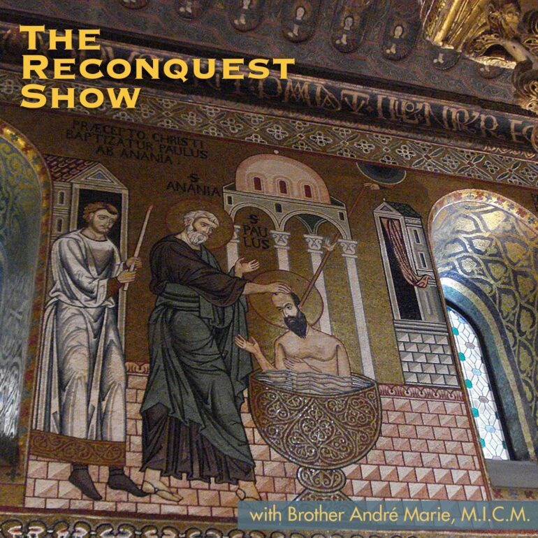 Mosaic of a baptism scene in a church: a priest pours water on a kneeling man, with ornate arches and a window, overlaid by bold yellow text 'THE RECONQUEST SHOW'.