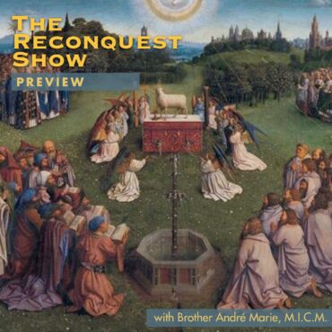 Poster for 'The Reconnect Show' with a central ceremonial altar and a white lamb statue, surrounded by kneeling people in a park, and a blue 'Preview' banner across.