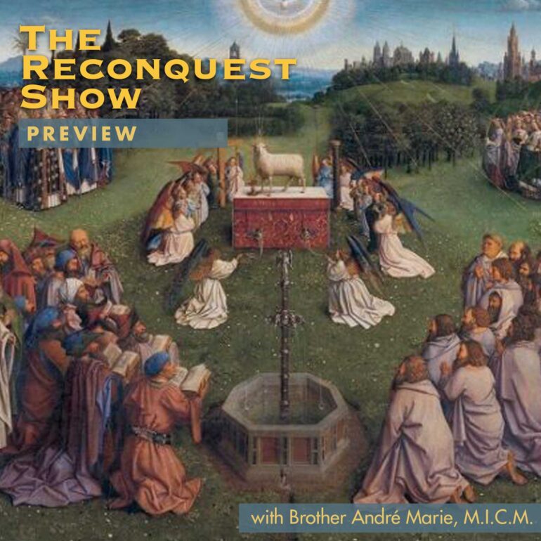 Poster for 'The Reconnect Show' with a central ceremonial altar and a white lamb statue, surrounded by kneeling people in a park, and a blue 'Preview' banner across.
