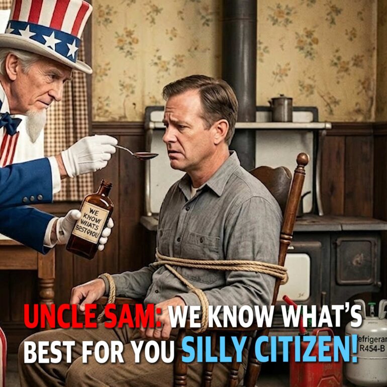 Uncle Sam in a patriotic hat offers a bottle to a bound man in a vintage kitchen; caption suggests government control.