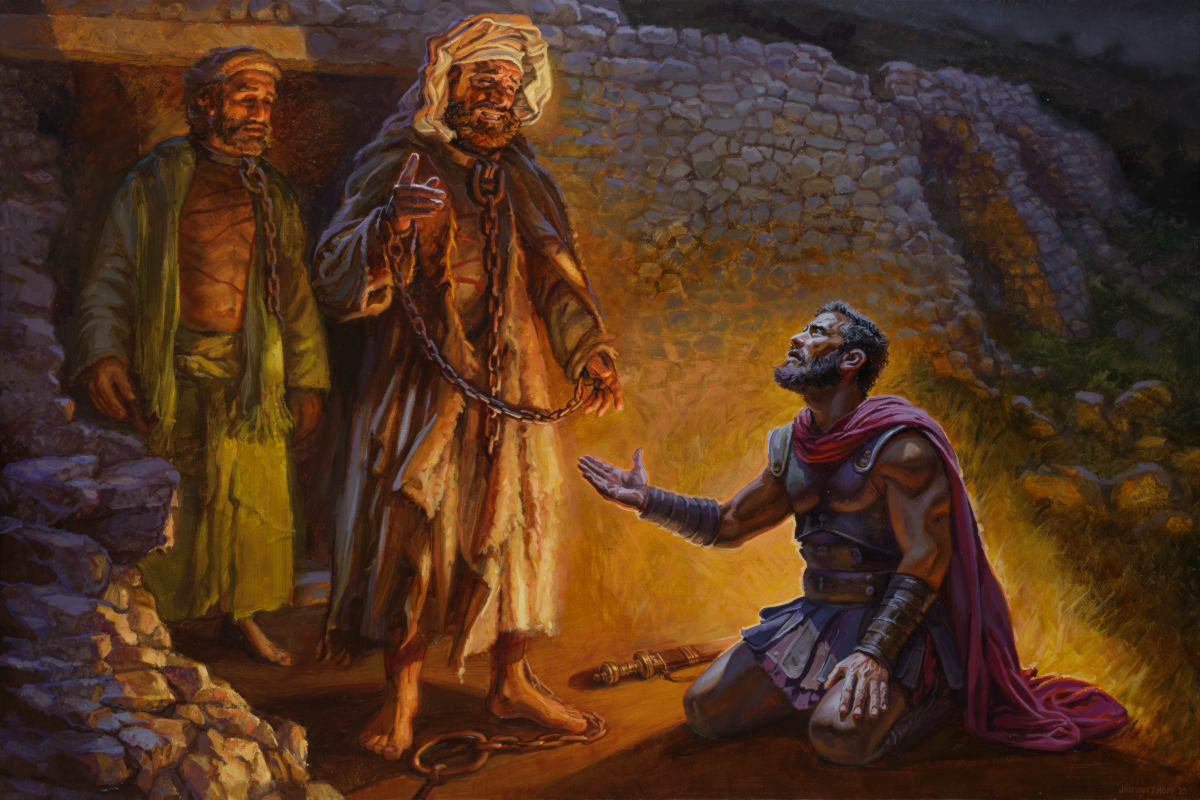 Biblical scene: a chained man in robe speaks to a kneeling warrior by a bright campfire while two onlookers stand nearby in a rocky setting.