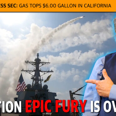 Banner with an orange header reading 'RUBIO AS PRESS SEC: GAS TOPS $6.00 GALLON IN CALIFORNIA', over a naval ship with smoke; a man in a blue shirt and vest points to the right.
