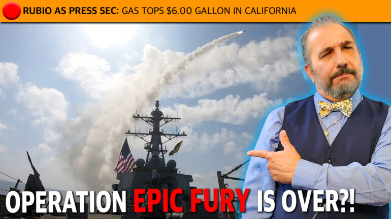 Banner with an orange header reading 'RUBIO AS PRESS SEC: GAS TOPS $6.00 GALLON IN CALIFORNIA', over a naval ship with smoke; a man in a blue shirt and vest points to the right.