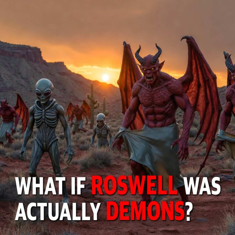 Red demon with large wings leads skeletal aliens across a desert at sunset, with bold title text about Roswell demons in white and red.