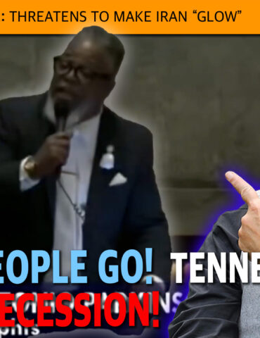 News thumbnail showing a man speaking at a microphone on the left and a smiling man with a cigar on the right, with an orange banner headline about Trump and Iran and bold colored text overlay.