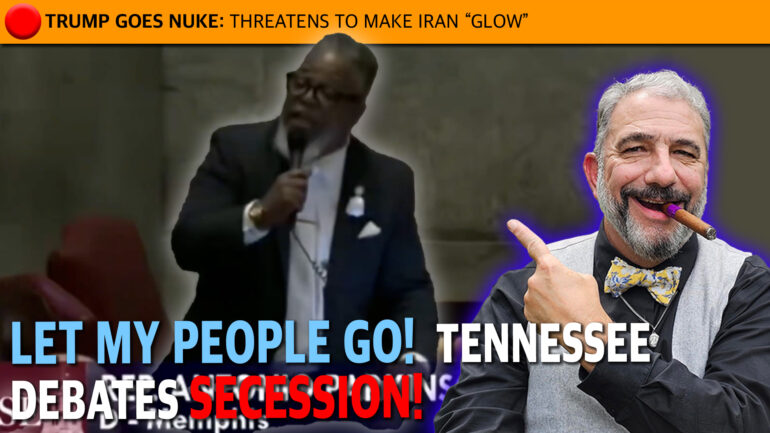 News thumbnail showing a man speaking at a microphone on the left and a smiling man with a cigar on the right, with an orange banner headline about Trump and Iran and bold colored text overlay.
