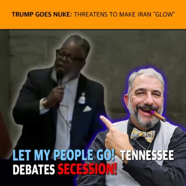 Editorial thumbnail showing two men, one speaking into a microphone on the left and a smiling man with a purple glow on the right, overlaid with bold text about Tennessee secession.