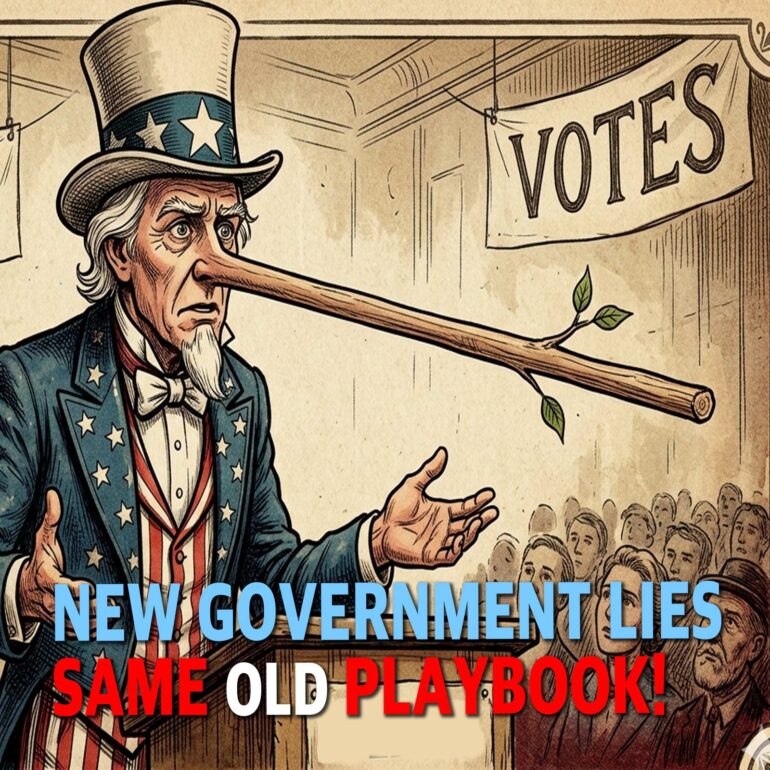 Editorial cartoon showing Uncle Sam with a long Pinocchio-like nose, standing before a crowd; banner reads VOTES, conveying political deception and new government lies.