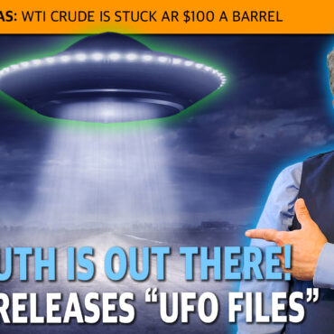 Conspiracy thumbnail: a UFO beams light over water, with a suited man pointing on the right and bold headline about UFO files.