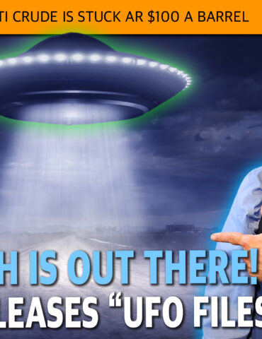Conspiracy thumbnail: a UFO beams light over water, with a suited man pointing on the right and bold headline about UFO files.
