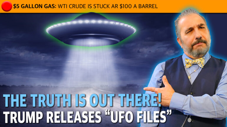 Conspiracy thumbnail: a UFO beams light over water, with a suited man pointing on the right and bold headline about UFO files.