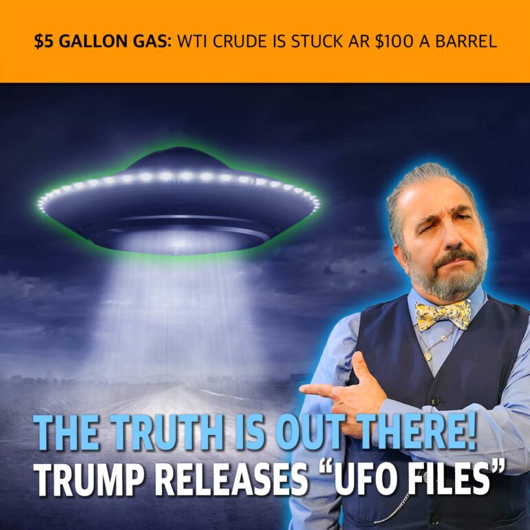 UFO saucer glows above a desert; man in a suit and bow tie gestures toward the bold headline 'The truth is out there—Trump releases UFO files'