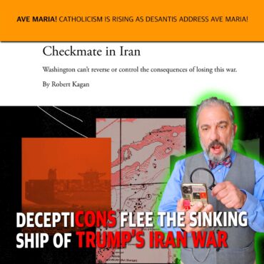 Magazine cover with orange banner reading 'AVE MARIA...', 'Checkmate in Iran' article title, and a man holding a glowing phone amid a map collage.