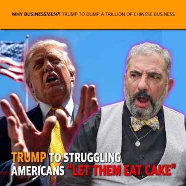 Political meme showing Donald Trump and a bearded man against a blue background, with an orange header and a caption about Americans and 'let them eat cake'