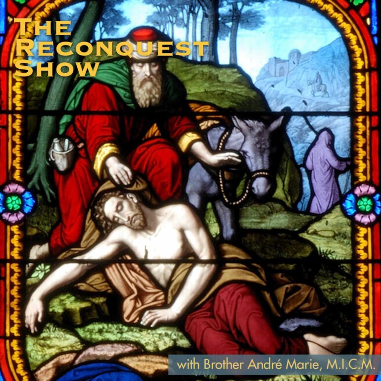 Poster-style stained-glass image with the words 'THE RECONQUEST SHOW' and a bottom caption 'with Brother André Marie, M.I.C.M'