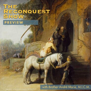 Promotional poster for The Reconquest Show showing people by a doorway with a white horse in the foreground.