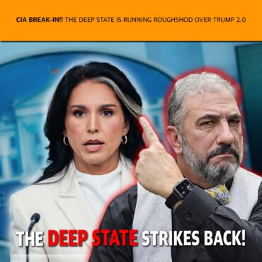 Two people at a press conference: a woman on the left speaking and a man beside her, with a bold caption reading 'THE DEEP STATE STRIKES BACK!'